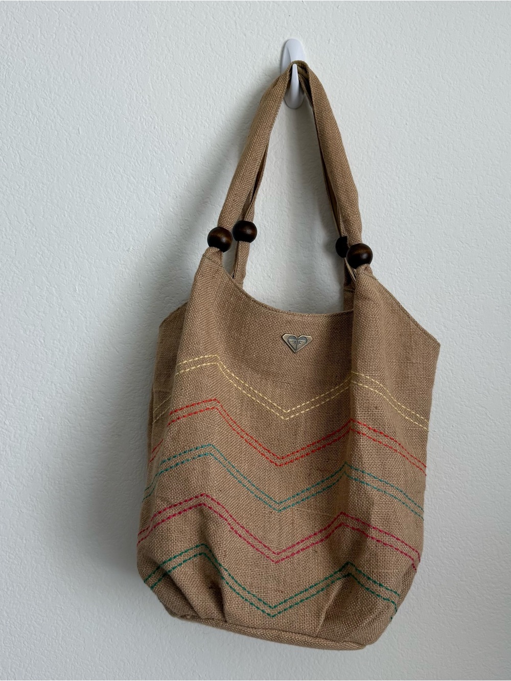 Roxy Vintage Women's Tan Chevron-Striped Rainbow Canvas Tote with Wooden Beads